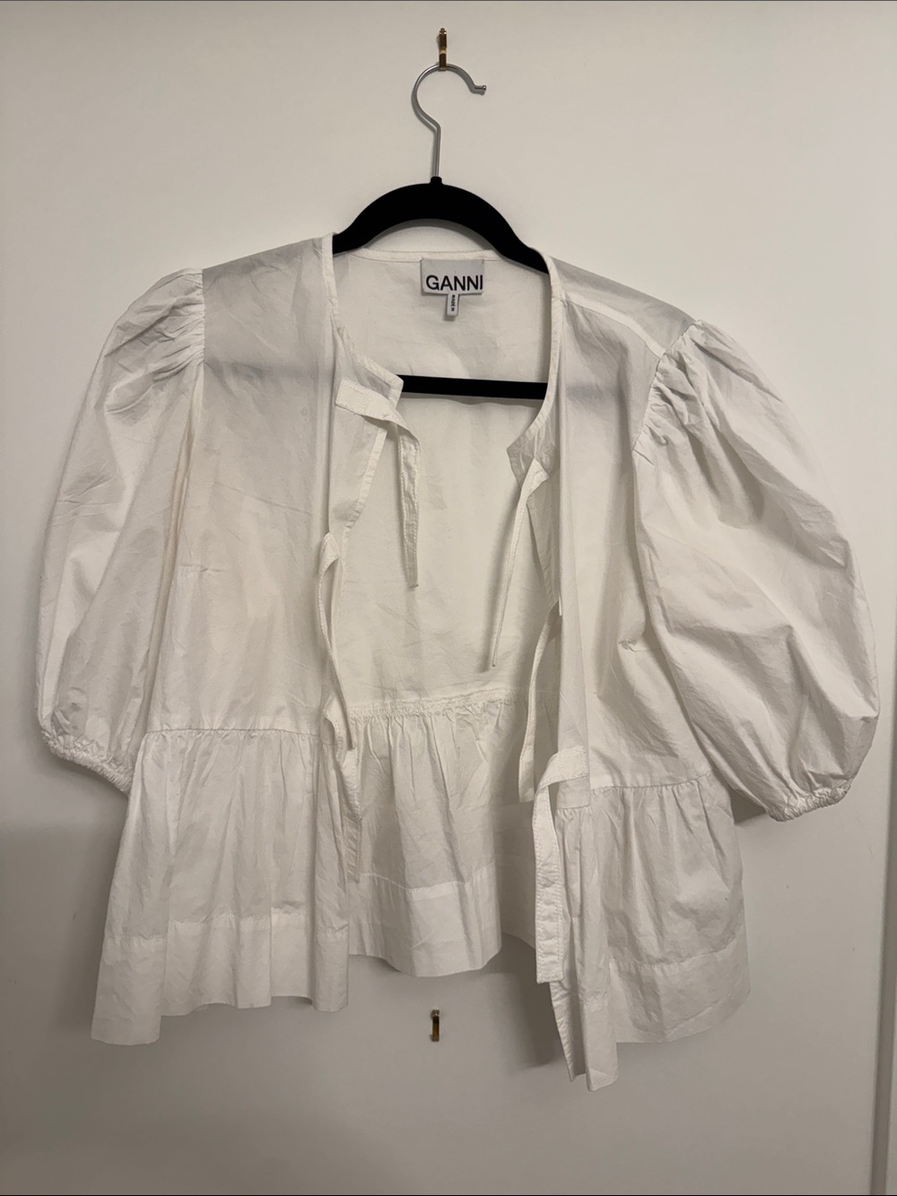 Ganni White Puff-Sleeve Tie-Front Peplum Tunic